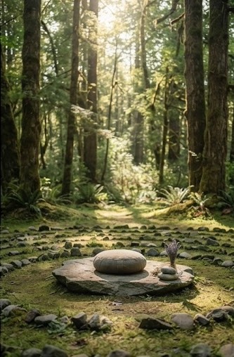 Floresta serena com círculo de pedras e almofada de meditação ao centro